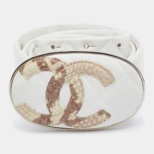 Pre Owned Chanel White Leather CC Belt 80 CM
