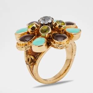 Chanel Gold Tone Multicolor Gripoix Cocktail Ring Size EU 52.5