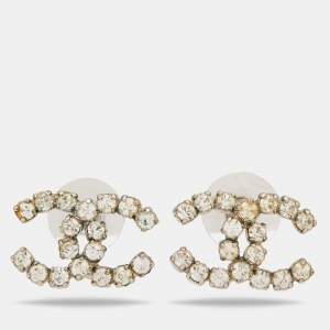 Pre Owned Chanel Silver Tone Crystal CC Stud Earrings
