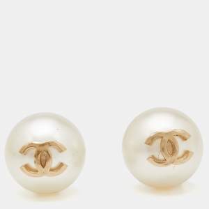 Pre Owned Chanel Gold Tone Large Faux pearl CC Stud Earrings