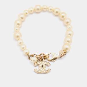 Chanel Gold Tone CC Charm Faux Pearl Bracelet
