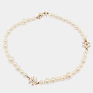 Chanel Gold Tone Crystal CC Charm Faux Pearl Short Necklace