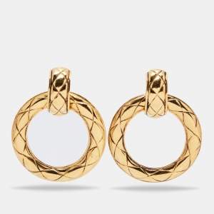 Pre Owned Chanel Vintage Gold Tone Quilt Pattern Detachable Hoop Earrings