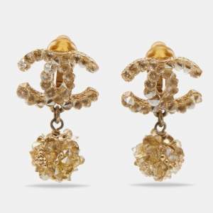 Pre Owned Chanel Pale Gold Tone Crystal CC Drop Earrings
