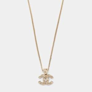 Pre Owned Chanel Pale Gold Tone Tweed Patterned Pendant Necklace