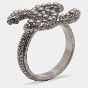 Chanel Gunmetal Tone Faux Pearl CC Ring Size EU 52