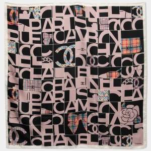 Chanel Black & Beige Check Logo Print Silk Scarf