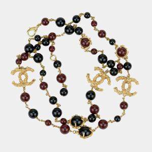 Pre Owned Chanel CC Long Strand Burgundy and Black Pearl Necklace