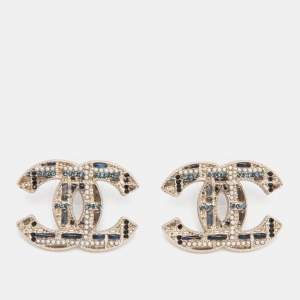 Pre Owned Chanel CC Enamel Crystals Faux Pearls Silver Tone Earrings