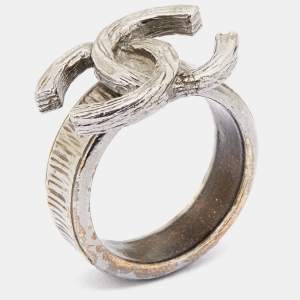 Chanel Gunmetal Tone Logo Band Ring Size 52.5