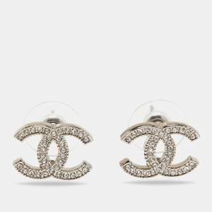Pre Owned Chanel CC Crystal Silver Tone Earrings