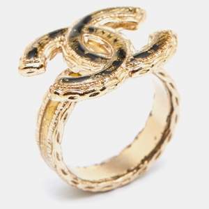 Chanel CC Enamel Gold Tone Ring Size 53