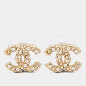 Pre Owned Chanel Pale Gold Tone Faux Pearl & Crystal CC Stud Earrings