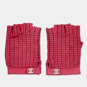 Chanel Burgundy Perforated Lambskin Turnlock Gloves Size 8