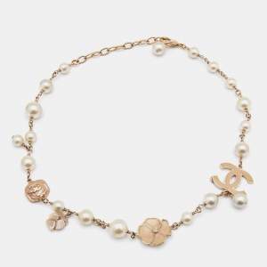 Chanel Pale Gold Tone Camelia CC Charm Pearl Necklace