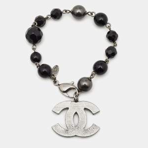 Chanel Black Faux Pearl & Bead CC Charm Bracelet