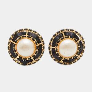 Chanel Vintage Gold Tone Leather Woven Pearl Dome Clip-On Earrings