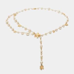 Chanel Gold Tone Clover Charm Pearl Belt