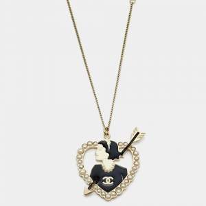 Chanel Coco Heart Enamel Faux Pearl Gold Tone Necklace 