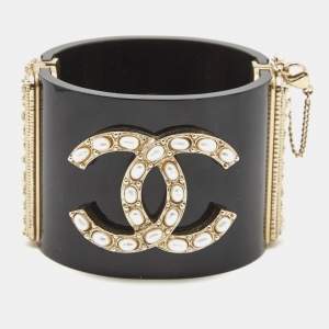 Chanel  CC Faux Pearl Black Resin Gold Tone Wide Cuff Bracelet 