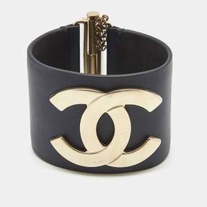 Chanel CC Leather Gold Tone Wide Cuff Bracelet
