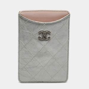 Chanel Silver/Pink Quilted Aged Leather CC Phone Case