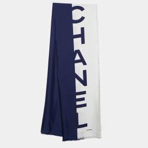Chanel Navy Blue & White Logo Printed Silk Shawl