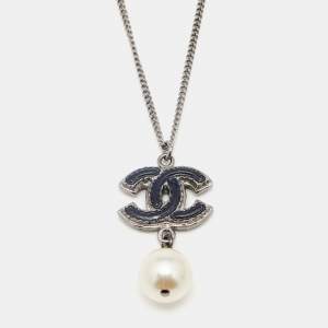 Chanel Gunmetal Tone Black CC Charm Faux Pearl Drop Necklace
