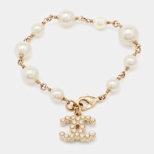 Chanel Gold Tone Faux Pearl CC Charm Bracelet