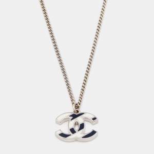 Chanel Bicolor Striped Enamel CC Silver Tone Chain Necklace