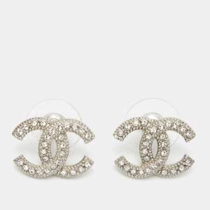 Chanel CC Crystals Silver Tone Stud Earrings