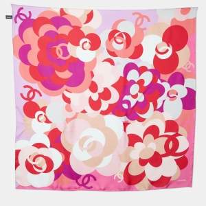 Chanel Pink Floral Interlocking CC Printed Silk Square Scarf