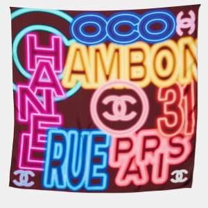 Pre Owned Chanel Brown Neon Logo Printed Silk Square Scarf