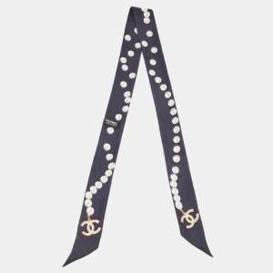 Chanel Navy Blue Pearl Print Silk Bandeau Scarf