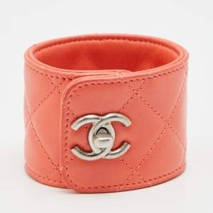 Chanel Pink Peach Quilted Leather TurnLock Cuff Bracelet