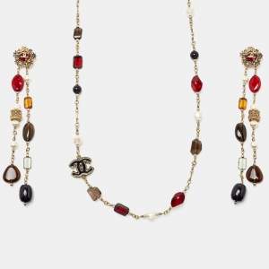 Chanel Multicolour Glass Beads & Faux Pearl Byzantine Long Necklace and Earrings Set