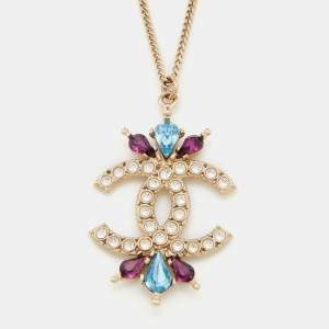 Chanel CC Crystals Gold Tone Pendant Necklace
