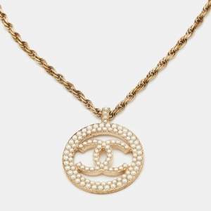 Chanel CC Faux Pearl Gold Tone Pendant Necklace