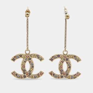Chanel CC Crystals Gold Tone Drop Earrings