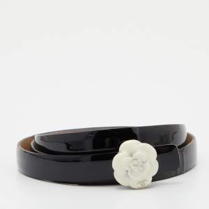 Pre Owned Chanel Black Patent Leather CC Slim Belt 80CM