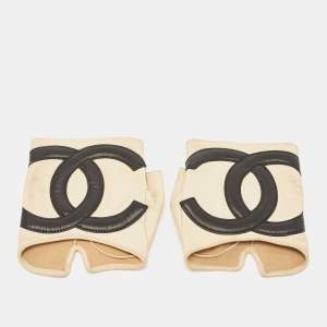 Chanel Beige/Black Leather CC Fingerless Gloves Size 8