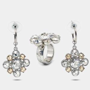 Chanel CC Floral Crystals SIlver Tone Earrings and Ring Size 54