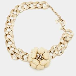 Chanel CC Enamel Floral Gold Tone Necklace