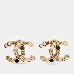 Chanel CC Faux Pearl Glass Crystal Gold Tone Earrings