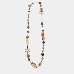 Pre Owned Chanel Agate Beads Silver Tone Long Necklace