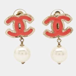 Chanel CC Enamel Faux Pearl Earrings