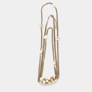 Chanel Faux Pearl & Crystal Pendant & Layered Gold Tone Chain Necklace