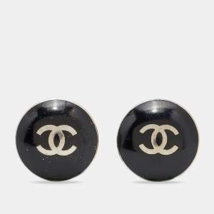 Chanel Black & Silver Tone CC Button Earrings