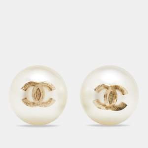 Chanel Gold Tone Large Faux pearl CC Stud Earrings