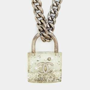 Chanel Clear Plexiglass & Beaded Padlock Gunmetal Chain Necklace